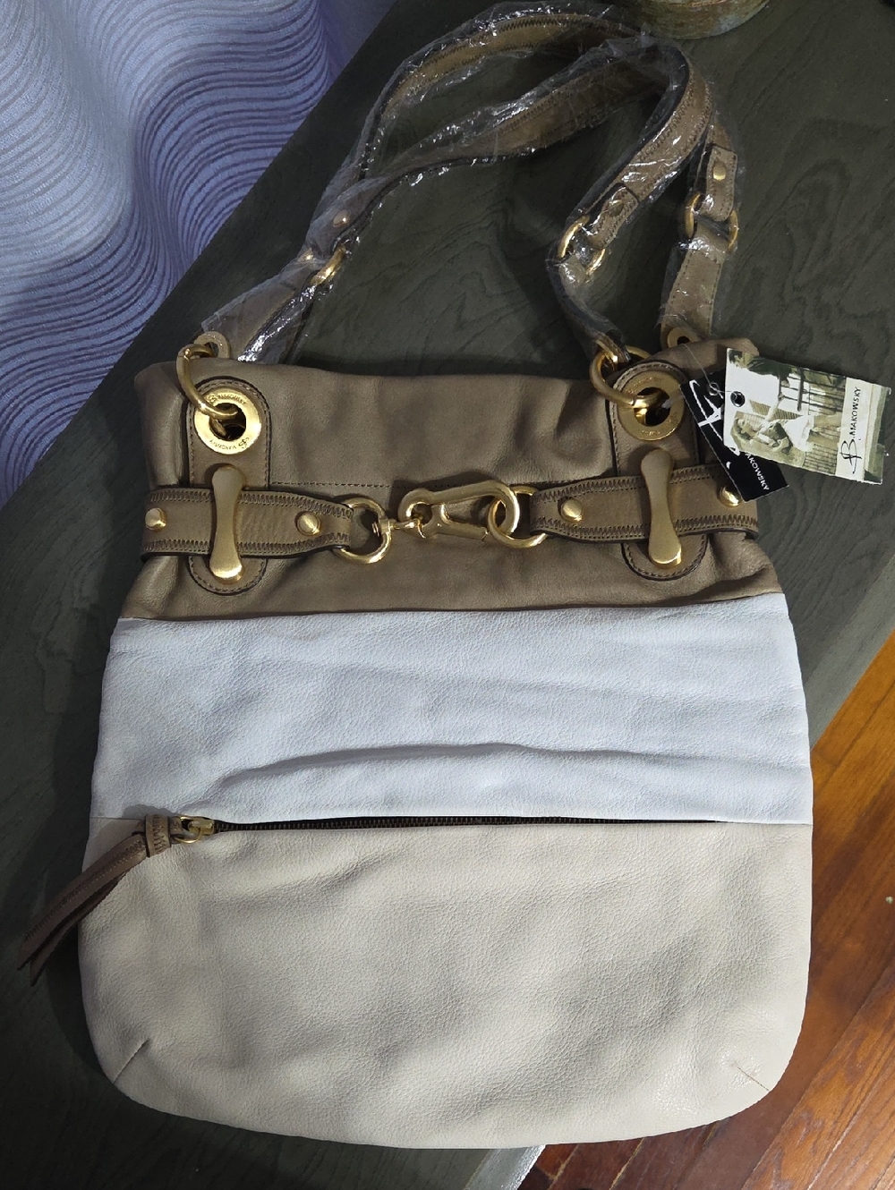 b. makowsky Beige, Cream, and  Blush Shoulder Bag with Gold Hardware